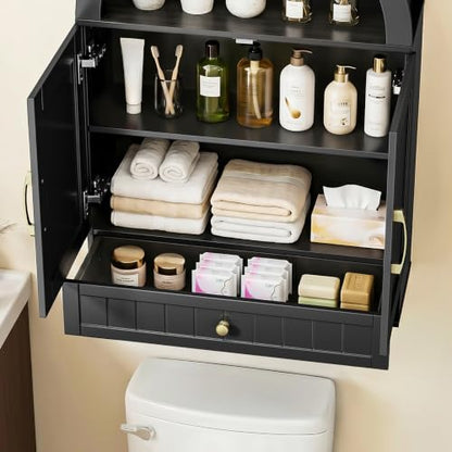 Farmhouse Wall Cabinet with Drawer - 34.7 x 23.6 x 8.4 Inches, Black Arched Bathroom Storage