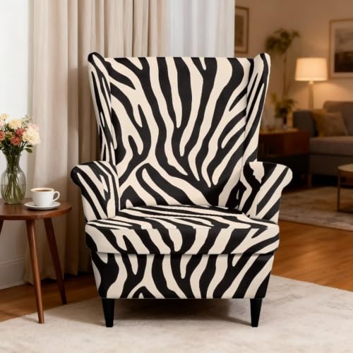 Zebra Stripe Wingback Chair Cover 2 Piece Slipcover - Reversible Fit