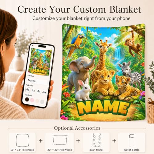 Personalized Kids Blanket for Boys - Animal Design, Yellow, Custom Name Gift