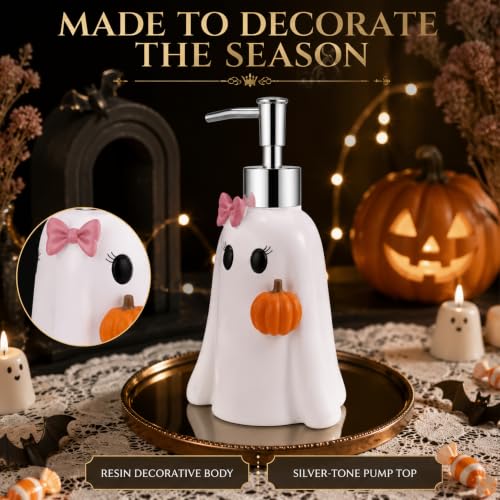 Halloween Soap Dispenser - White Ghost with Pink Bow & Pumpkin Decor