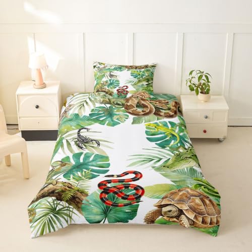 Jungle Reptile Themed Duvet Cover Set for Teens & Kids Twin Size - Fresh Green, No Comforter