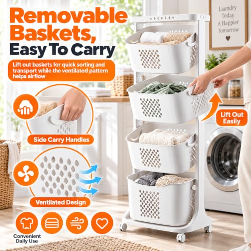 4 Tier Vertical Laundry Basket Organizer with Wheels - Space Saving Hamper