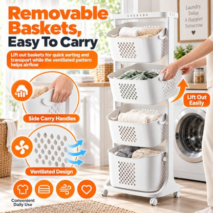 4 Tier Vertical Laundry Basket Organizer with Wheels - Space Saving Hamper