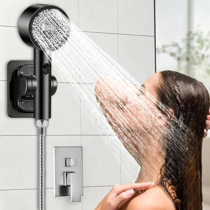 Black High Pressure Handheld Shower Head with Holder - 2 Spray Modes, No-Drill Adjustable Bracket
