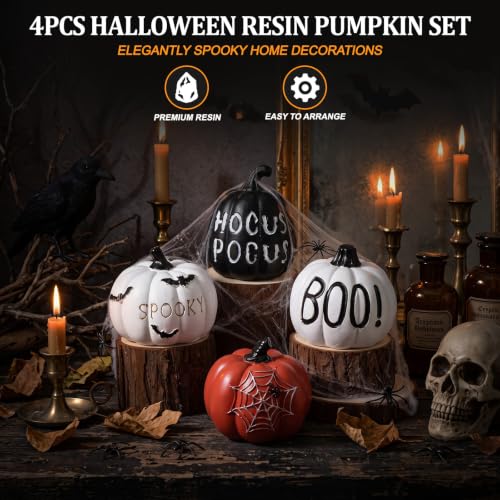 Halloween Pumpkin Decor Set - 4 Resin Black, White & Orange Figurines