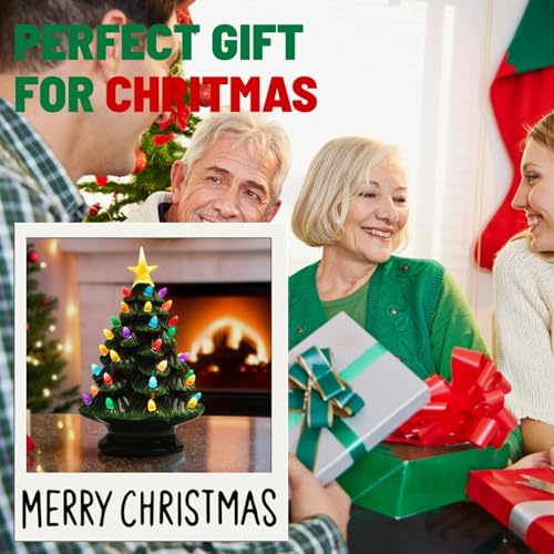 Green Ceramic Christmas Tree with Lights for Tabletop Holiday Decor - 6 Inches