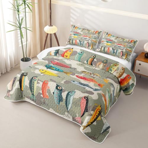 Feelyou Fishing Quilt Set for Queen Bed Sea Fishing Coverlet Bedding with Pillowcases - Moss Green & Multicolor