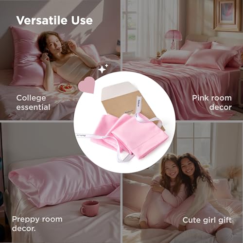 Pink Satin Pillowcases Set of 2 - Standard 20x26 Inches, Envelop Closure, Bed Decor