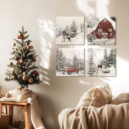 Christmas Canvas Wall Art Decor Set - Snowy Scene Rustic Holiday Prints 12x12 Inches