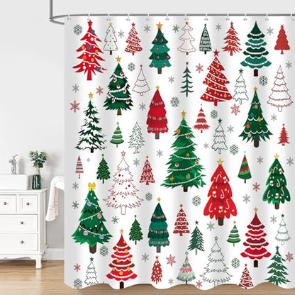 Christmas Shower Curtain Set with Snowman and Tree Design - Red Green White, 72x72 inches
