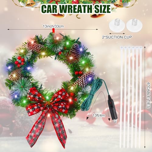 12V LED Christmas Car Wreath with Red Bow and Colorful Lights - 13 Inch Artificial Holiday Decoration, 2 Pack, Checkered Bow Variation