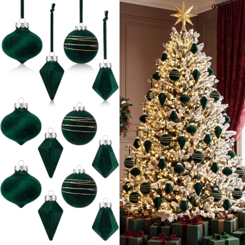 12 Pcs Velvet Christmas Ornaments Balls Flocked Holiday Decorations - Green