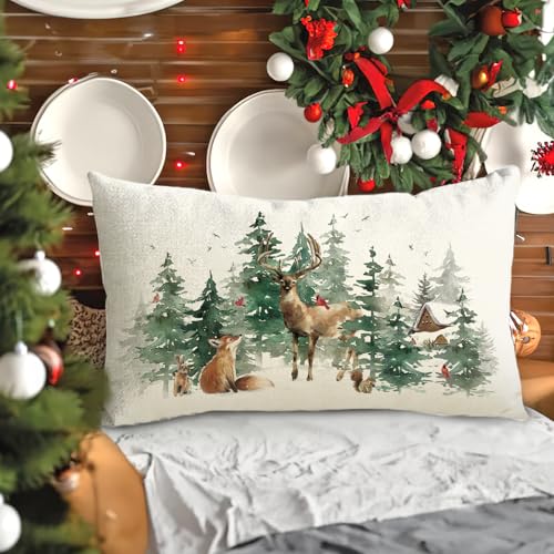 Fahrendom Christmas Woodland Animals Lumbar Pillow Cover - Snow Animals 20x12