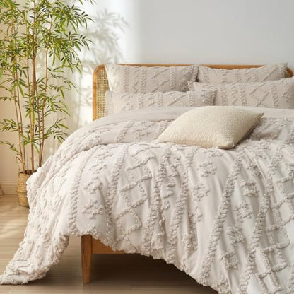Queen Size Tufted Boho Duvet Cover Set - Farmhouse Beige Bedding