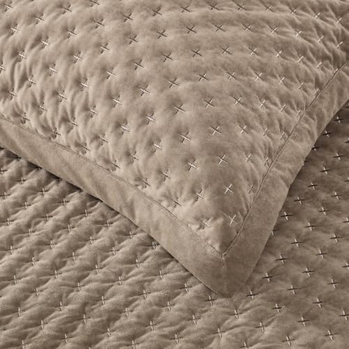 Queen Velvet Quilt Set with Cross Stitch Embroidery Taupe - 3 Piece
