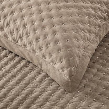 Queen Velvet Quilt Set with Cross Stitch Embroidery Taupe - 3 Piece