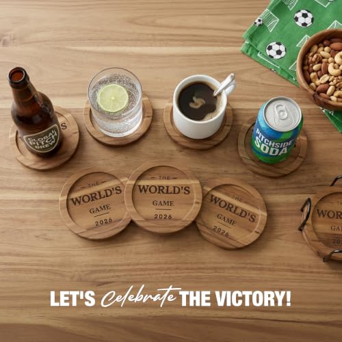The World's Game 2026 Acacia Wood Coasters Set of 6 with Metal Holder - Soccer Housewarming Gift