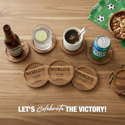 The World's Game 2026 Acacia Wood Coasters Set of 6 with Metal Holder - Soccer Housewarming Gift