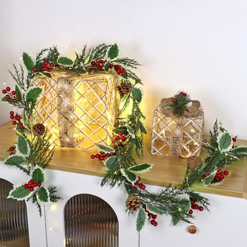 Cedar Christmas Garland 13FT - 2 Pack Artificial Holly Pine Cones & Berry Decor