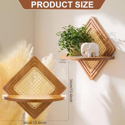 Quadrilateral Floating Shelf Set - Boho Rattan and Wood Wall Storage - Nature Variation