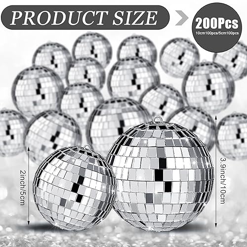 Mini Disco Ball Ornaments - 2 Inch & 1 Inch Hanging Party Decorations, 200 Pack