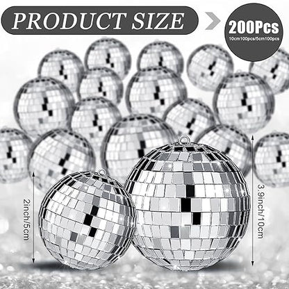 Mini Disco Ball Ornaments - 2 Inch & 1 Inch Hanging Party Decorations, 200 Pack