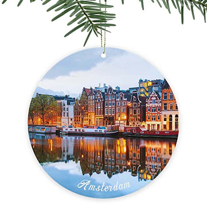 Amsterdam Christmas Ornament - Netherlands Holiday Keepsake, Double-Sided Ceramic Decor - Variation: Amsterdam