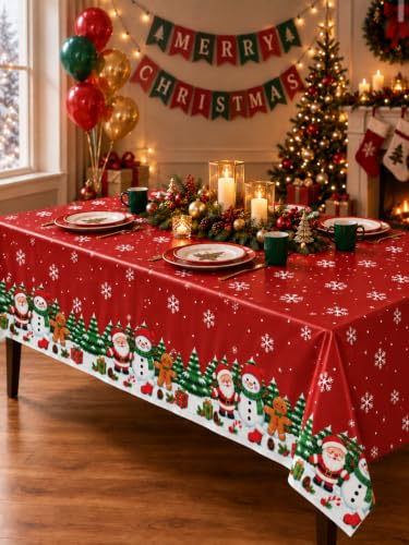 Christmas Tablecloths 3 Pack - Red Snowman & Santa Waterproof 54 x 108 Inches