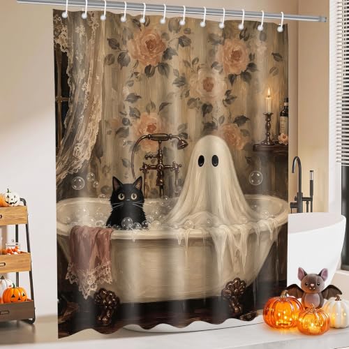 Halloween Shower Curtain Black Cat Ghost Bathroom Decor 71x71in
