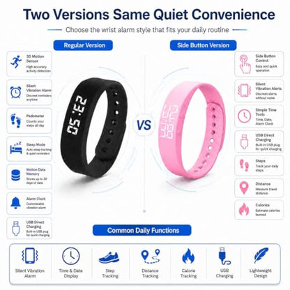Multi Side-Button Vibrating Alarm Wristband Clock for Heavy Sleepers Waterproof