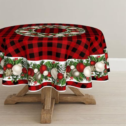 Christmas Round Tablecloth 90x90 Inch Red Plaid Holiday Decor - Washable