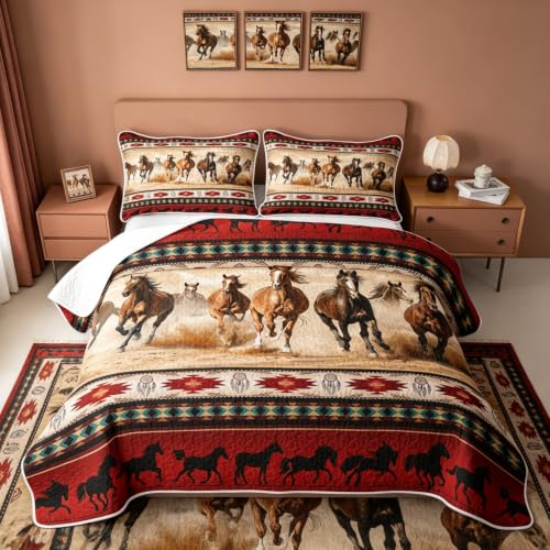 Farmhouse Kids Quilt Bedding Set - Red Southwestern Aztec 3 Piece Queen