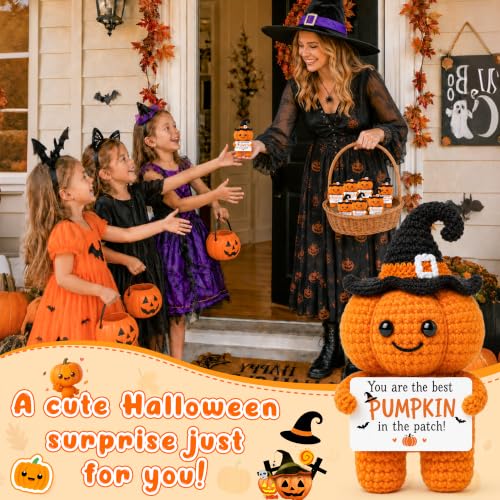 Halloween Pumpkin Basket Stuffers with Handmade Crochet Witch Hat for Fall Gifts