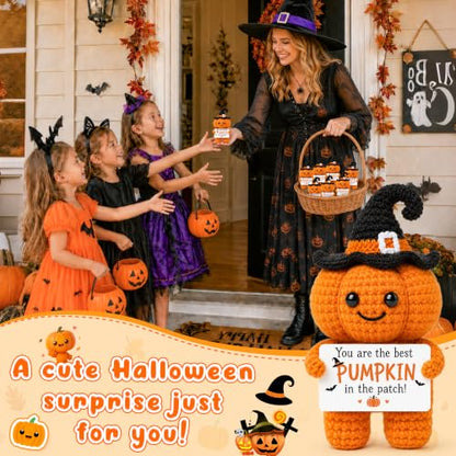 Halloween Pumpkin Basket Stuffers with Handmade Crochet Witch Hat for Fall Gifts