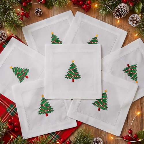 Christmas Linen Cocktail Napkins Set - Hemstitch 6 Pack - Xmas Tree Variation