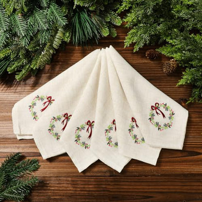 White Christmas Linen Napkins Set of 6 - Embroidered Wreath Holiday Table Decor
