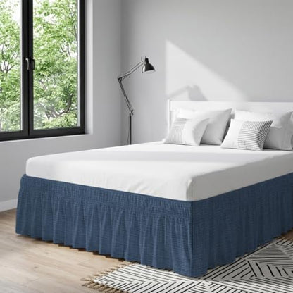 Dark Blue Queen Size Bed Skirt 16-Inch Drop Elastic Dust Ruffle Wrap Around