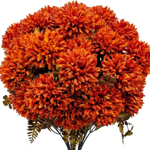 Artificial Fall Mums Flowers Bundle - Burnt Orange Autumn Floral Arrangements for Home & Garden
