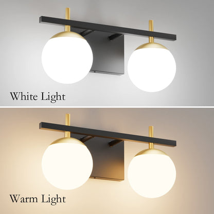 Ralbay 2-Light Black Gold Bathroom Vanity Light - Mid Century Modern Bathroom Light Fixture with Black/Golden Milky Glass Ball Wall Light