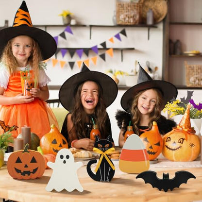 Halloween Wooden Decor Signs Set - Ghost Pumpkin Bat Black Cat Candy Corn