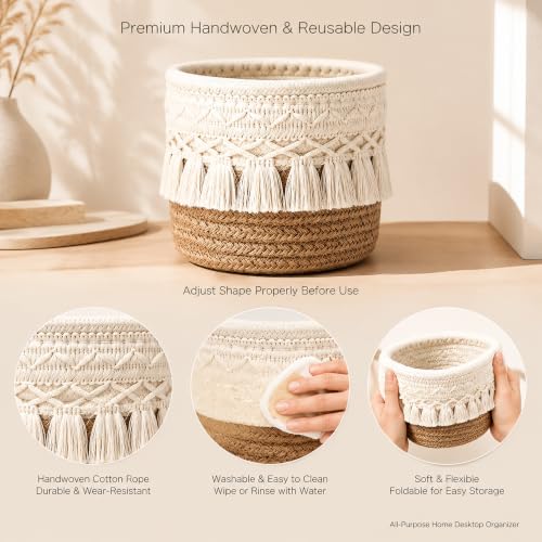 Mini Boho Macrame Cotton Woven Storage Baskets Set of 2 - Foldable Makeup & Home Organizer