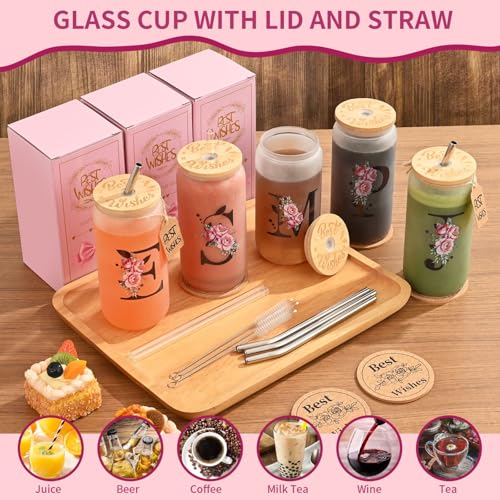 16oz Monogrammed Frosted Glass Tumbler with Lid Straw & Gift Set - Initial N