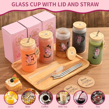 16oz Monogrammed Frosted Glass Tumbler with Lid Straw & Gift Set - Initial N