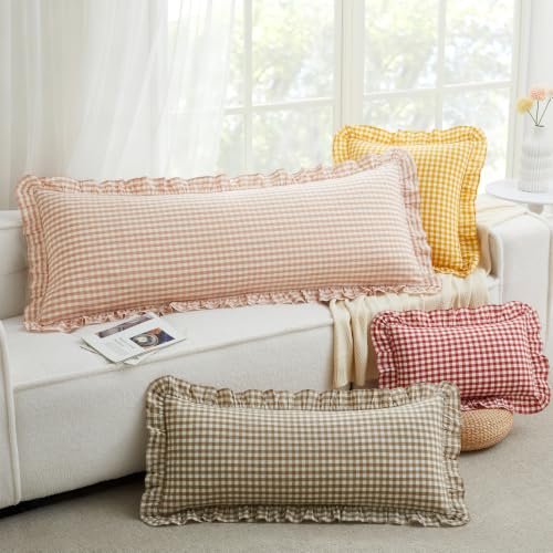 Taupe and White Gingham Ruffle Pillow Cover - 20x54 Inches, Body Size, Pack of 1