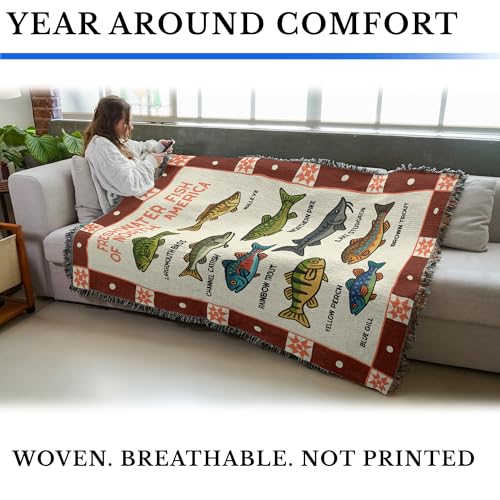North America Fish Tapestry Throw Blanket - Cotton Woven Cabin Decor 72x54