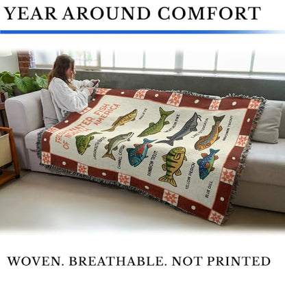 North America Fish Tapestry Throw Blanket - Cotton Woven Cabin Decor 72x54