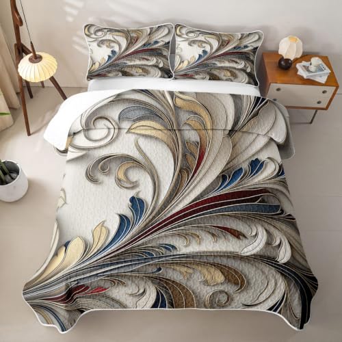 King Size 3D Sculpted Plants Quilt Set White Gold Blue - All-Season Bedding