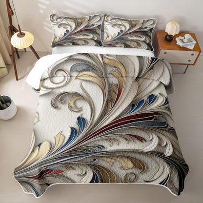 King Size 3D Sculpted Plants Quilt Set White Gold Blue - All-Season Bedding