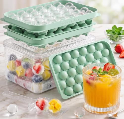 Mini Ice Cube Trays with Lid & Bin - 64 Round 0.8 Inch Ice Balls, 2 Pack
