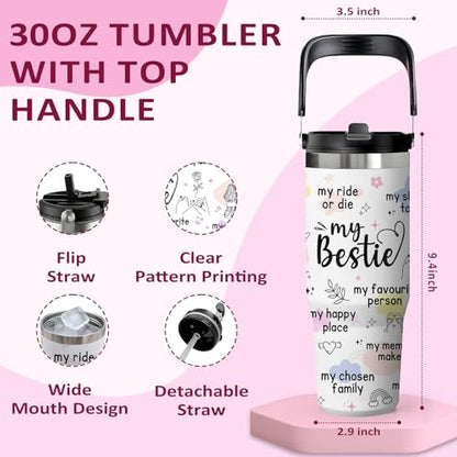Bestie Tumbler 30oz - Friendship Gift for Women, Stainless Steel Insulated Cup with Handle